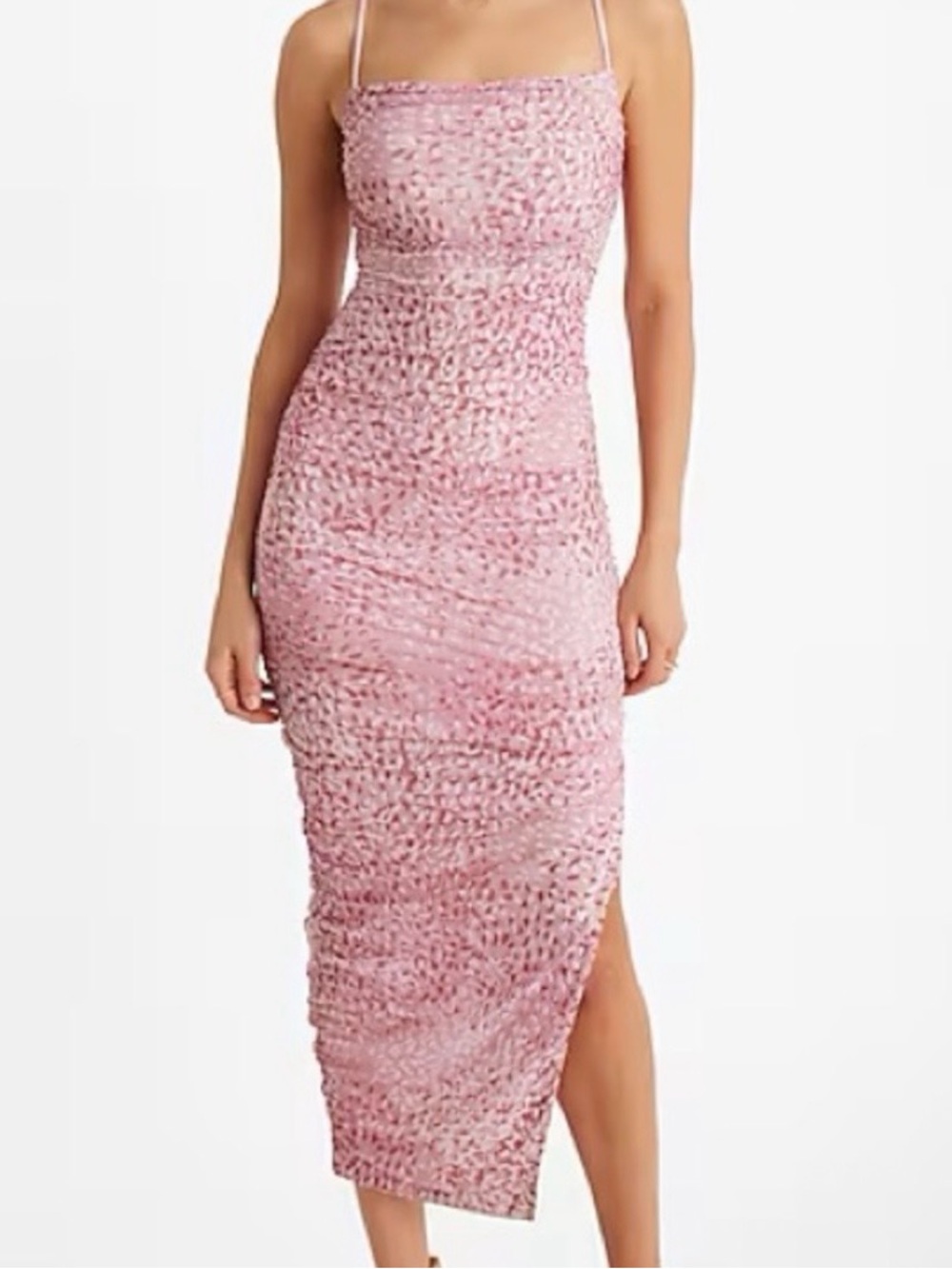Express Pink Ruched Midi Slip Dress